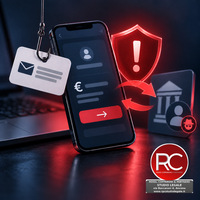 Smartphone, simboli di phishing e protezione bancaria. Logo RPC Studio Legale in basso a destra