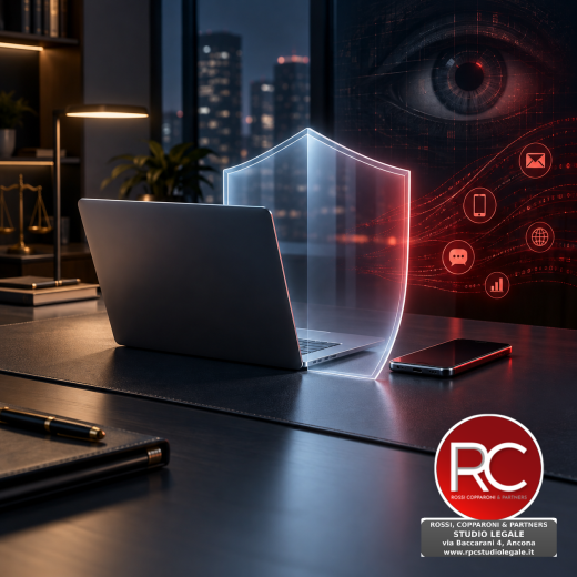 Laptop, smartphone e scudo per la riservatezza dei lavoratori. Logo RPC Studio Legale in basso a destra