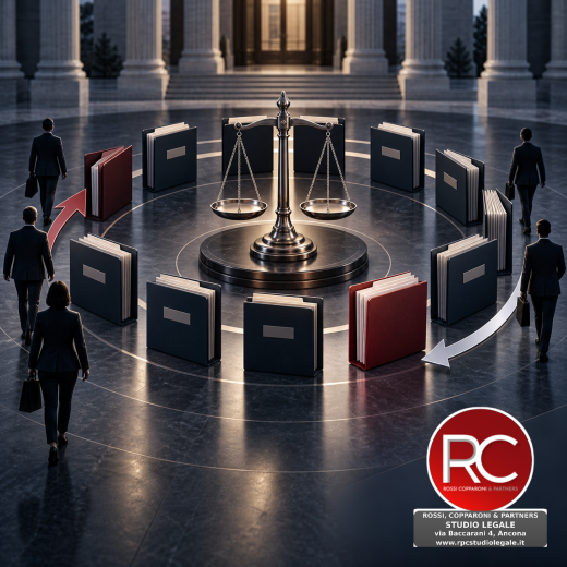 Fascicoli e bilancia rappresentano la rotazione negli appalti. Logo RPC Studio Legale in basso a destra