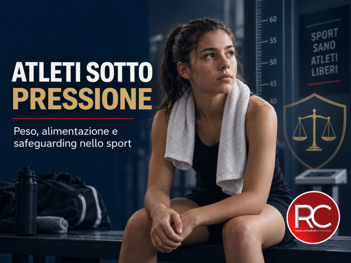 Giovane atleta nello spogliatoio con simboli di tutela legale e titolo Atleti sotto pressione